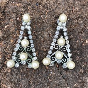 Vintage deco oversized rhinestone pearl earrings 60s